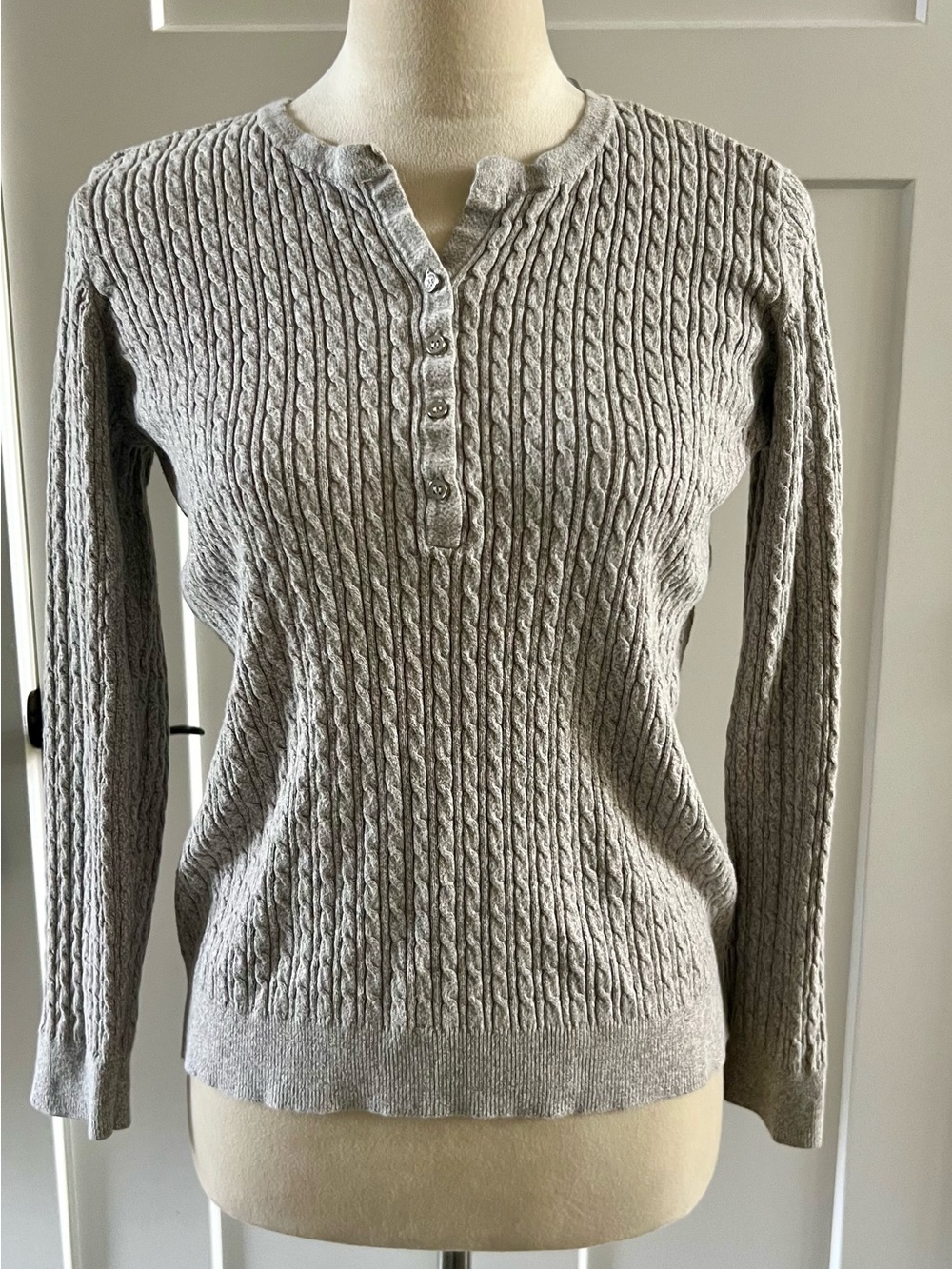 Karen Scott Light Gray Cable-Knit V-Neck Henley Sweater